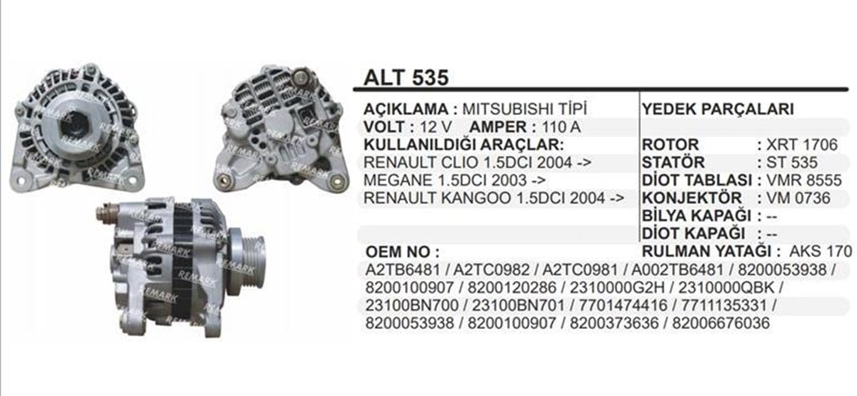 Alternatör 12v 110ah Renault Clio Kango Megan 1,5 K.sok. | Martek Alt535