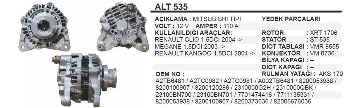 Alternatör 12v 110ah Renault Clio Kango Megan 1,5 K.sok. | Aes Alt535