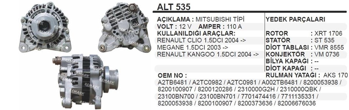 Alternatör 12v 110ah Renault Clio Kango Megan 1,5 K.sok. | Dodo Alt535