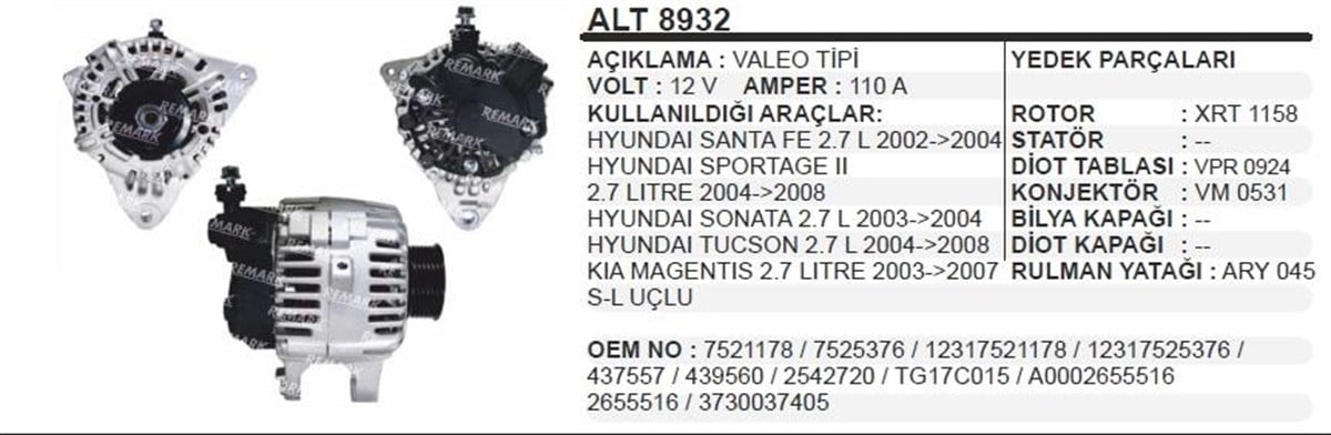 Alternatör 12v 110ah Hyundai Santa Fe Sportage Sonata Tucson Magentıs | Remark Alt8932