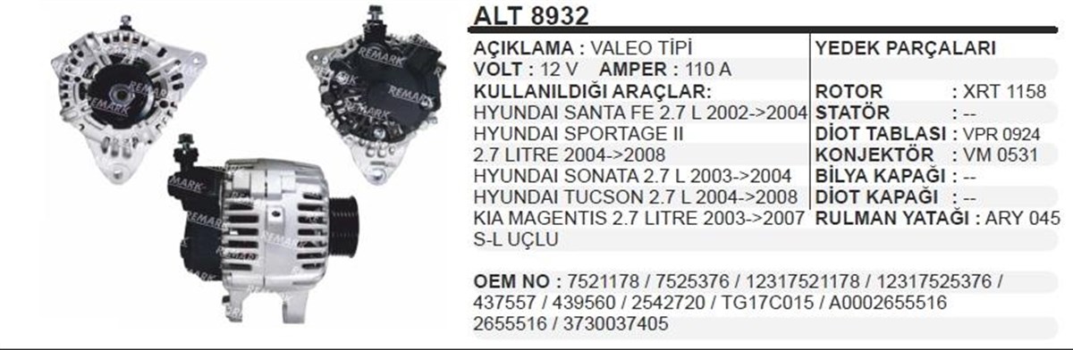 Alternatör 12v 110ah Hyundai Santa Fe Sportage Sonata Tucson Magentıs | Remark Alt8932