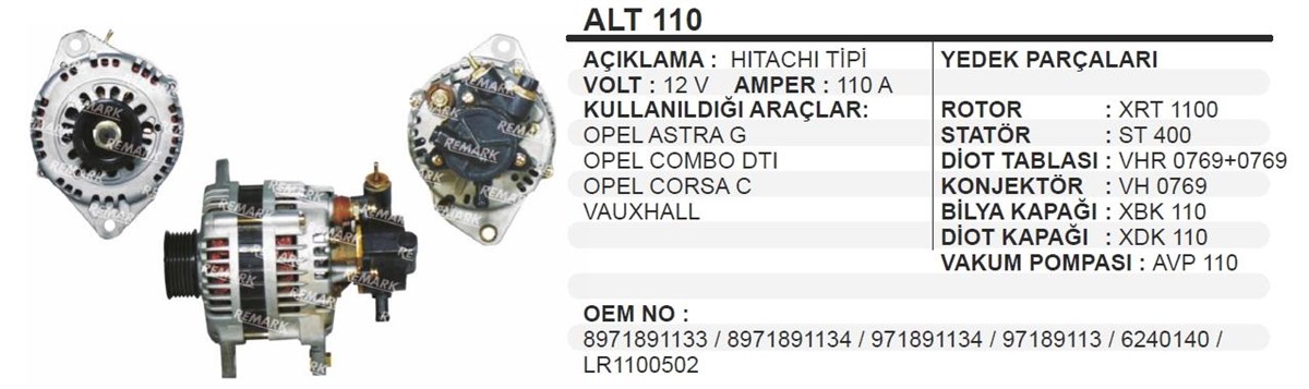 Alternatör 12v 110ah Opel Combo Astra Cıvıc | Ithal T110