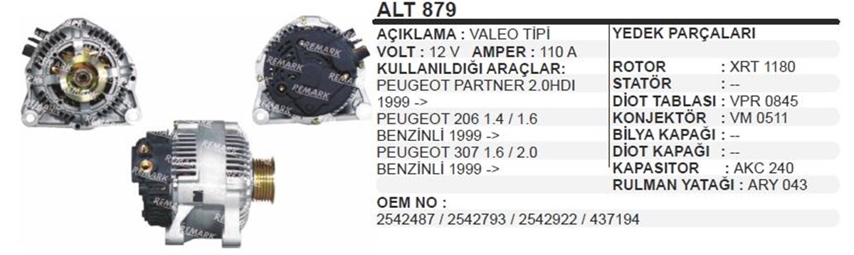 Alternatör 12v 110ah Peugeot 206 307 Cıtroen Xsara Cıvatalı Başlıklı | Aes Alt879