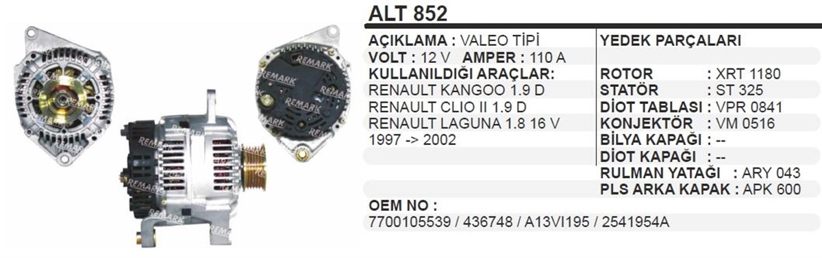 Alternatör 12v 110ah Renault Clio 1.9 Megan 1.9 Kango 1.9 Laguna 1.8 16v Alt852 | Wınwın Alt852