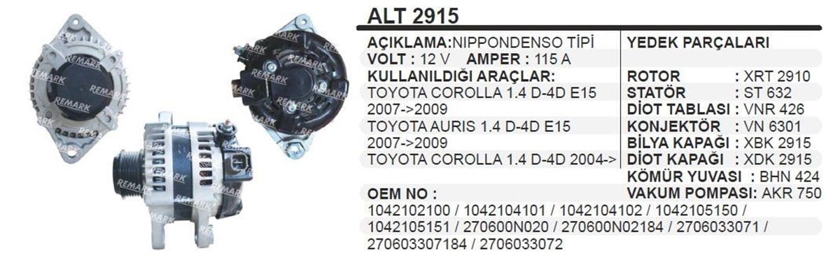 Alternatör 12v 115ah Toyota Corolla Auris Yaris | Bypart Uwa3670