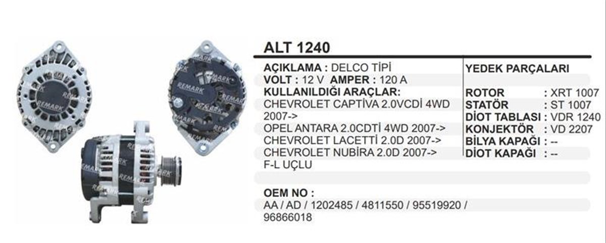 Alternatör 12v 120ah Captıva Lacettı Nubıra Antara | Ithal T1240