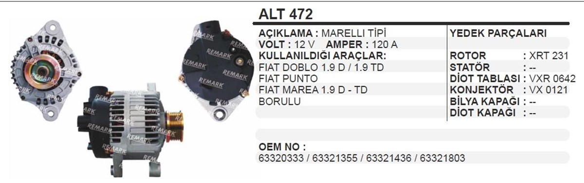 Alternatör 12v 120ah Fıat Doblo Ducato Punto Marea 1.9 | Ithal T472