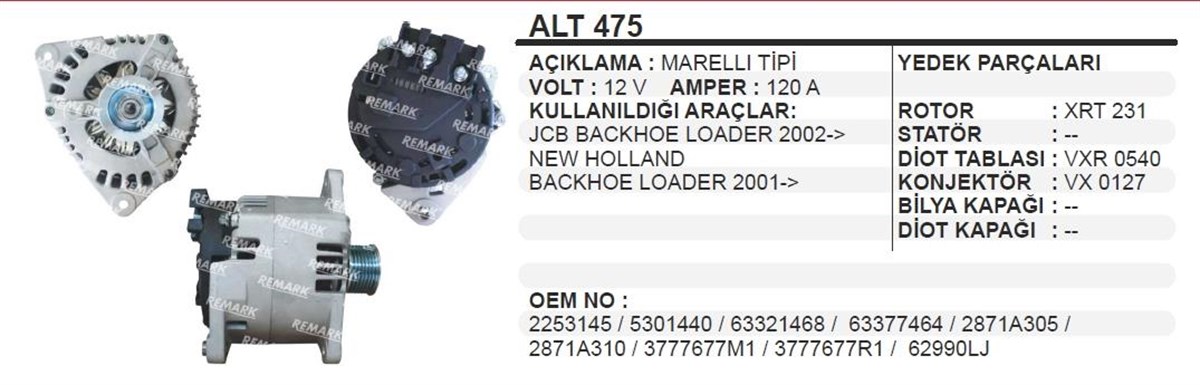 Alternatör 12v 120ah Jcb Newholland  Alt475 | Ithal T475