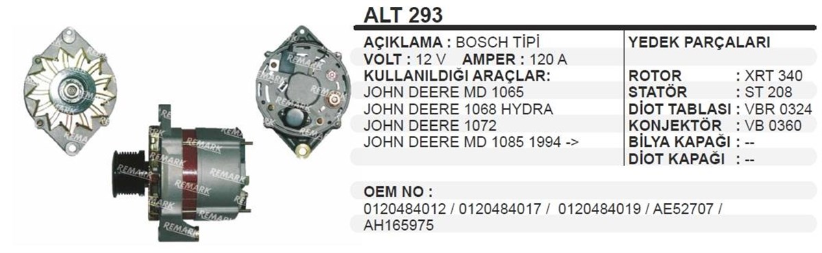 Alternatör 12v 120ah Johndeere Newholland Pamuk Toplama Makinası Alt293 | Dodo Alt293