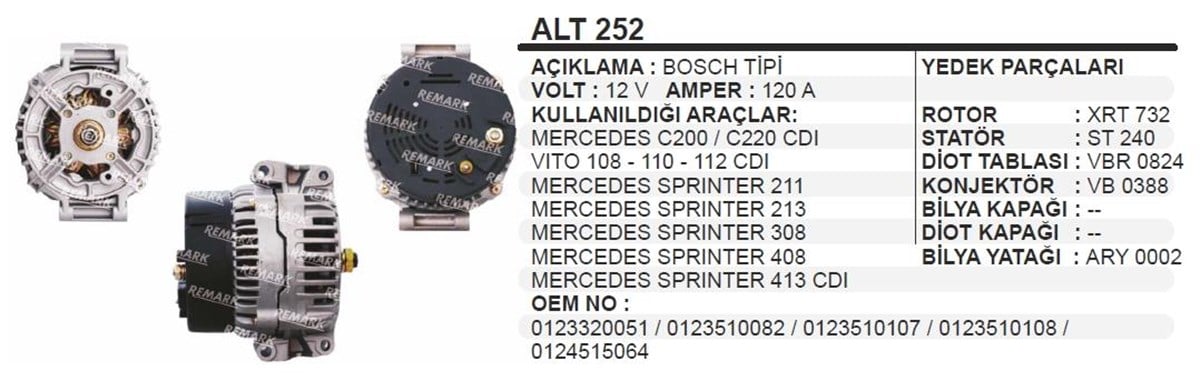 Alternatör 12v 120ah Mercedes Sprinter Vito Alt252 | Ithal T252