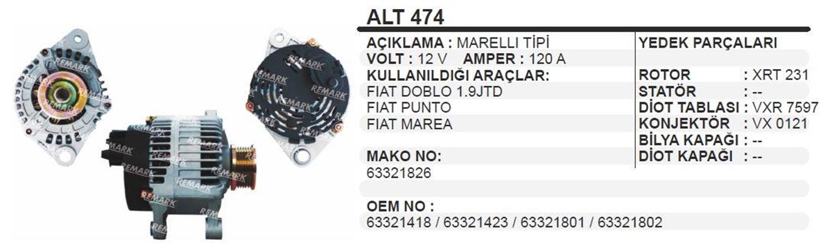Alternatör 12v 120ah (revizyon) Doblo 1,9 Marea Punto Ducato | Ithal T474r
