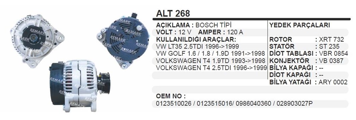 Alternatör 12v 120ah Vw Caddy Transporter 1.9 | Remark Alt268