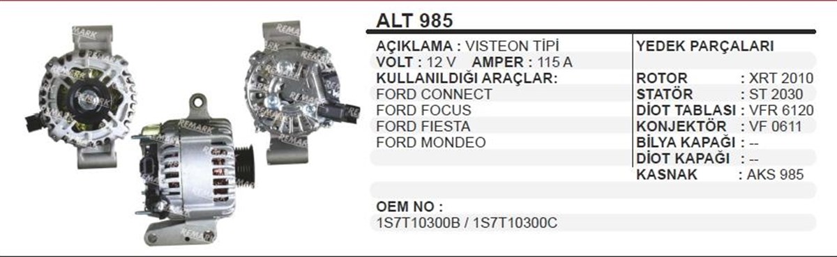 Alternatör 12v 124ah Ford Mondeo Transit Em Ford Mondeo Iıı Jaguar Xtype 1,8 2,0 Kasnaklı 3pın Fr Lı Rc A | Ithal T985