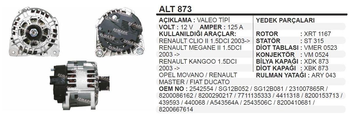 Alternatör 12v 125ah Renault Clio Kango Megan Opel Movano Master Ducato Valeo406770 | Martek Alt873