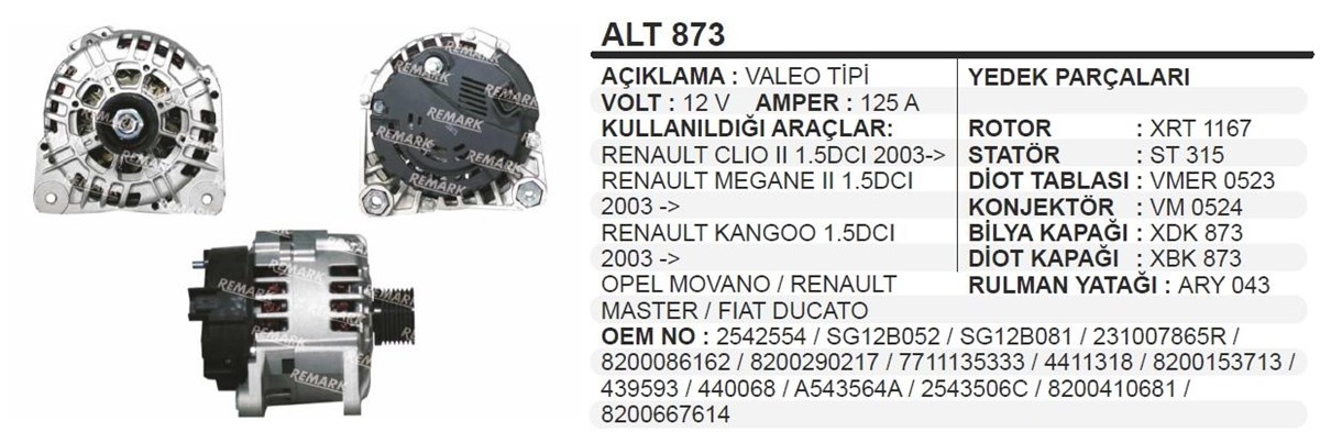 Alternatör 12v 125ah Reno Clio Megan Valeotip Valeo406770 | Aes Alt873