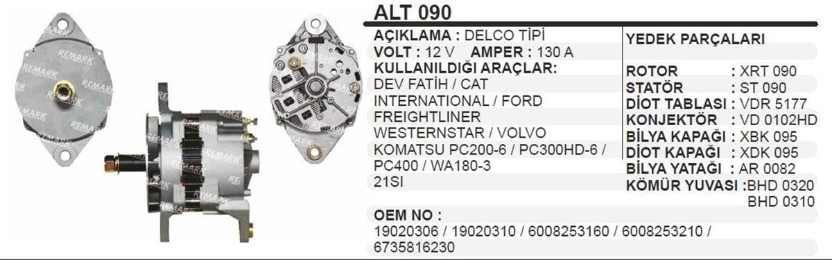 Alternatör 12v 130ah Bmc Fatih Caterpillar Komatsu Pc200 Pc300 Pc400 Ford Alt090 | Remark Alt090