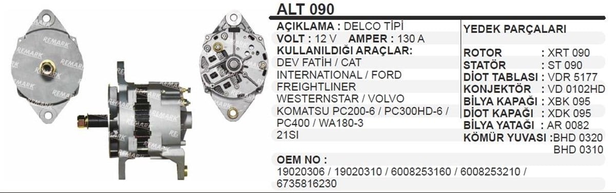 Alternatör 12v 130ah Bmc Fatih Caterpillar Komatsu Pc200 Pc300 Pc400 Ford Alt090 | Martek Alt090