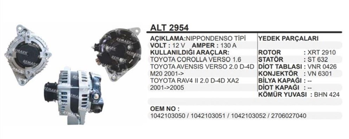 Alternatör 12v 130ah Denso Toyota Corolla 1.6 2.0 01> Rav4 535018410 | Ithal T2954