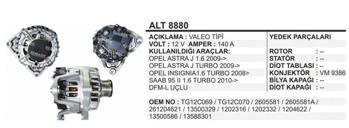 Alternatör 12v 140a Opel Astra J Insıgnıa Astra J Insıgnıa Mokka Zafıra | Remark Alt8880