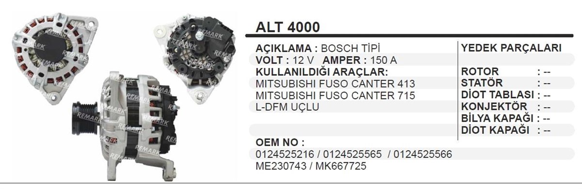 Alternatör 12v 140ah Mıtsubıshı Canter Fuso Fe Temsa Prestij Euro5 Remark Alt4000 0124525565 0124525216 Wutse Alt5565 | Ithal T0124525565