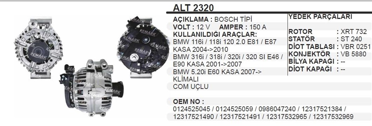 Alternatör 12v 150ah Bmw Benzinli Alt2320 | Ithal T2320