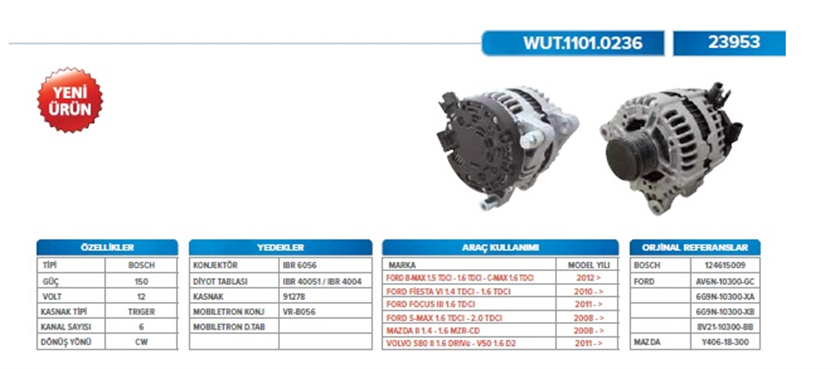 Alternatör 12v 150ah Ford Focus Cmax Volvo | Wutse Alt23953