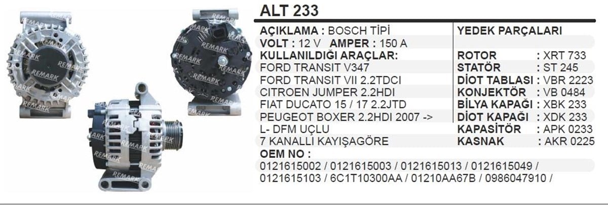 Alternatör 12v 150ah Ford V347 Jumper Ducato Boxer Alt233 Rotoru-xrt733 | Ithal T233
