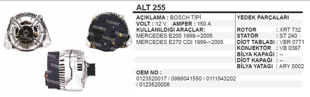 Alternatör 12v 150ah Mercedes S500 Vito E200 | Ithal T255