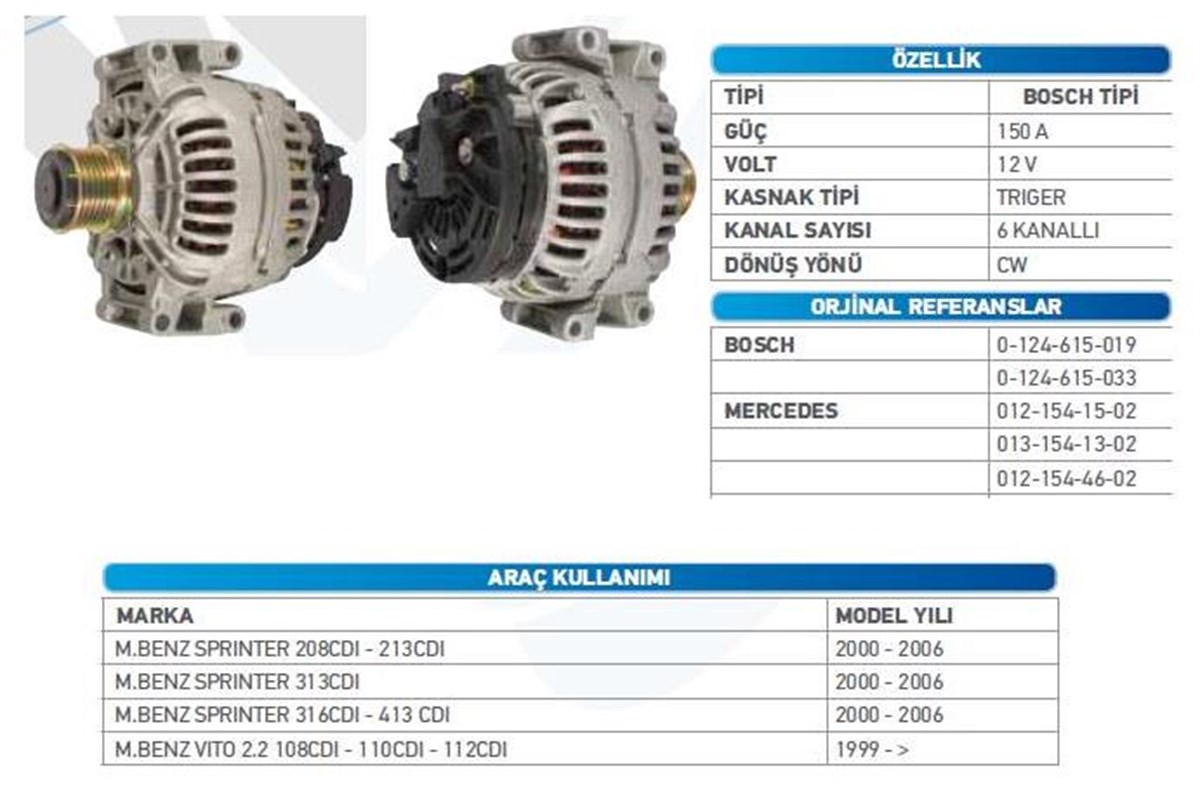 Alternatör 12v 150ah Mercedes Sprinter | Wutse Alt12384