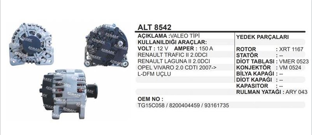 Alternatör 12v 150ah Opel Vivaro 07- Renault Traffıc Iı Laguna Iı Valeo Tip 7pk Bilyalı Kasnak | Remark Alt8542