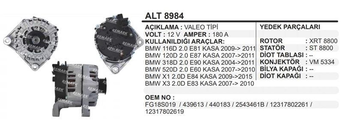 Alternatör 12v 180ah Bmw E90 E87 E84 320d 520d | Remark Alt8984