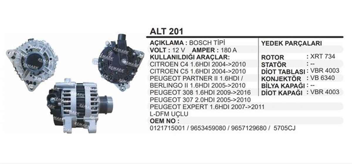 Alternatör 12v 180ah Cıtroen C5 Iıı 2008-2009 2.7 Hdi C6 C5 2008/2009 Hdı Cıtroen C5 C6 2.7 Hdı / Peugeot 407 607 2.7 Hdı | Remark Alt201
