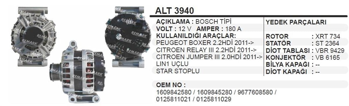 Alternatör 12v 180ah Peugeot Boxer Cıtroen Jumper Lın Uçlu | Ithal T3940