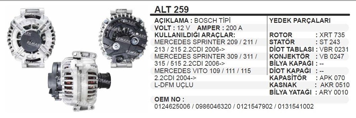 Alternatör 12v 200ah Mercedes Sprinter Alt259 Vito Viano Cargo113951 | Cargo 113951