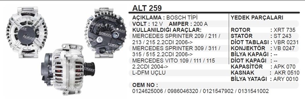 Alternatör 12v 200ah Mercedes Sprinter Alt259 | Ithal T259
