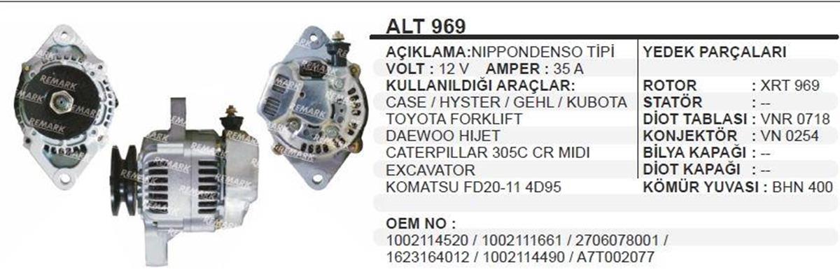 Alternatör 12v 35ah Case Hyster Cely Kubato Toyota Forklift Onan Jeneratör Jenaratör Daewoo Hıjet Caterpıller Excavatör Komatsu | Remark Alt969