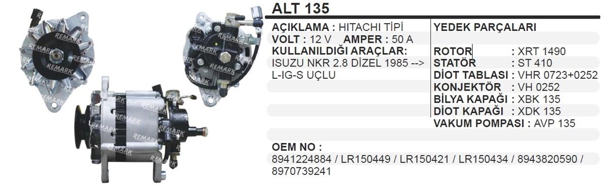 Alternatör 12v 50ah Isuzu Nkr J9 Premier Bmc Levent Alt135 | Martek Alt135