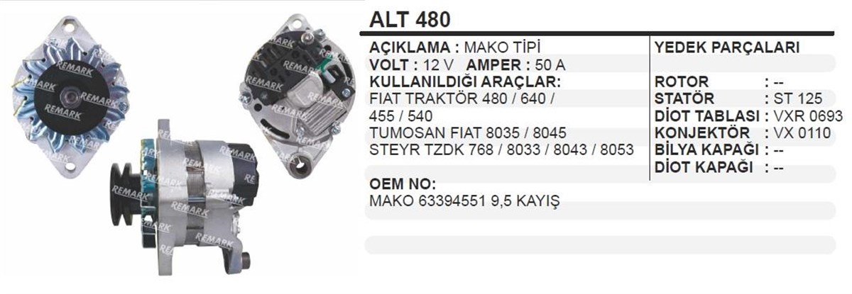Alternatör 12v 50ah Mako Tip 4551 Dkş Fiat Tümosan Steyr Dogan Şahin Kartal Em Alt480 | Schenna Alt480