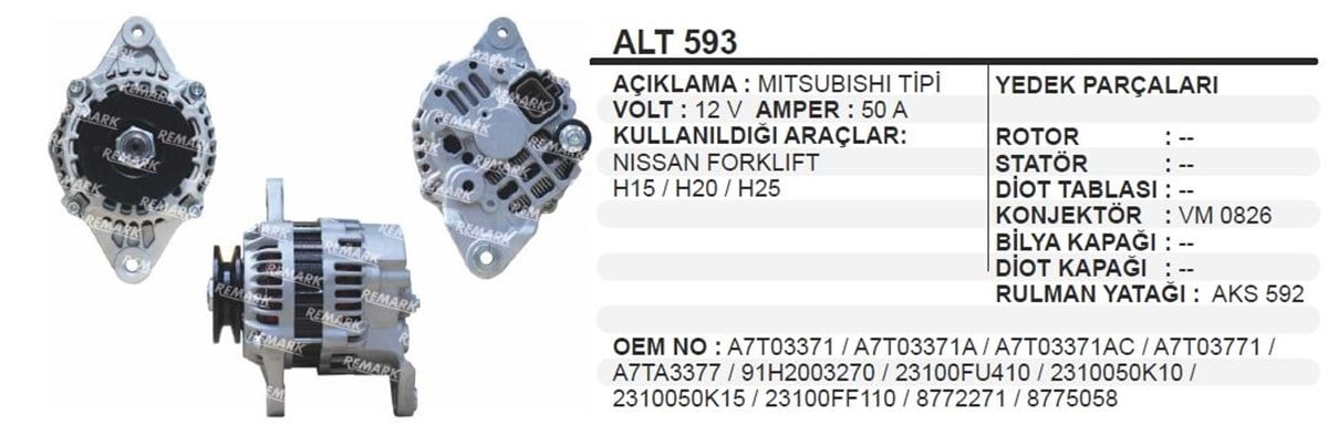 Alternatör 12v 50ah Mıts Nissan Forklift H15 H20 H25 Alt593 | Remark Alt593