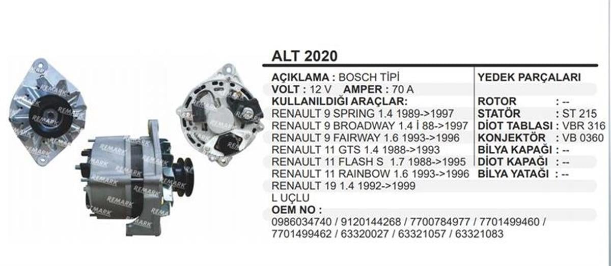 Alternatör 12v 70ah Renault R12 R9 Regülatörlü Broadway R11 R19 Toros 63392532 Alt2020 Pluslıne-a13n110 A13n110 63392532 | Remark Alt2020