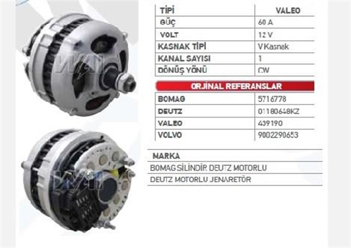 Alternatör 12v 60ah Bomag Khd Isuzu Deutz Forklift İş Makınası Bomag İş Makinası 4 Saplamalı | Wutse Alt12302