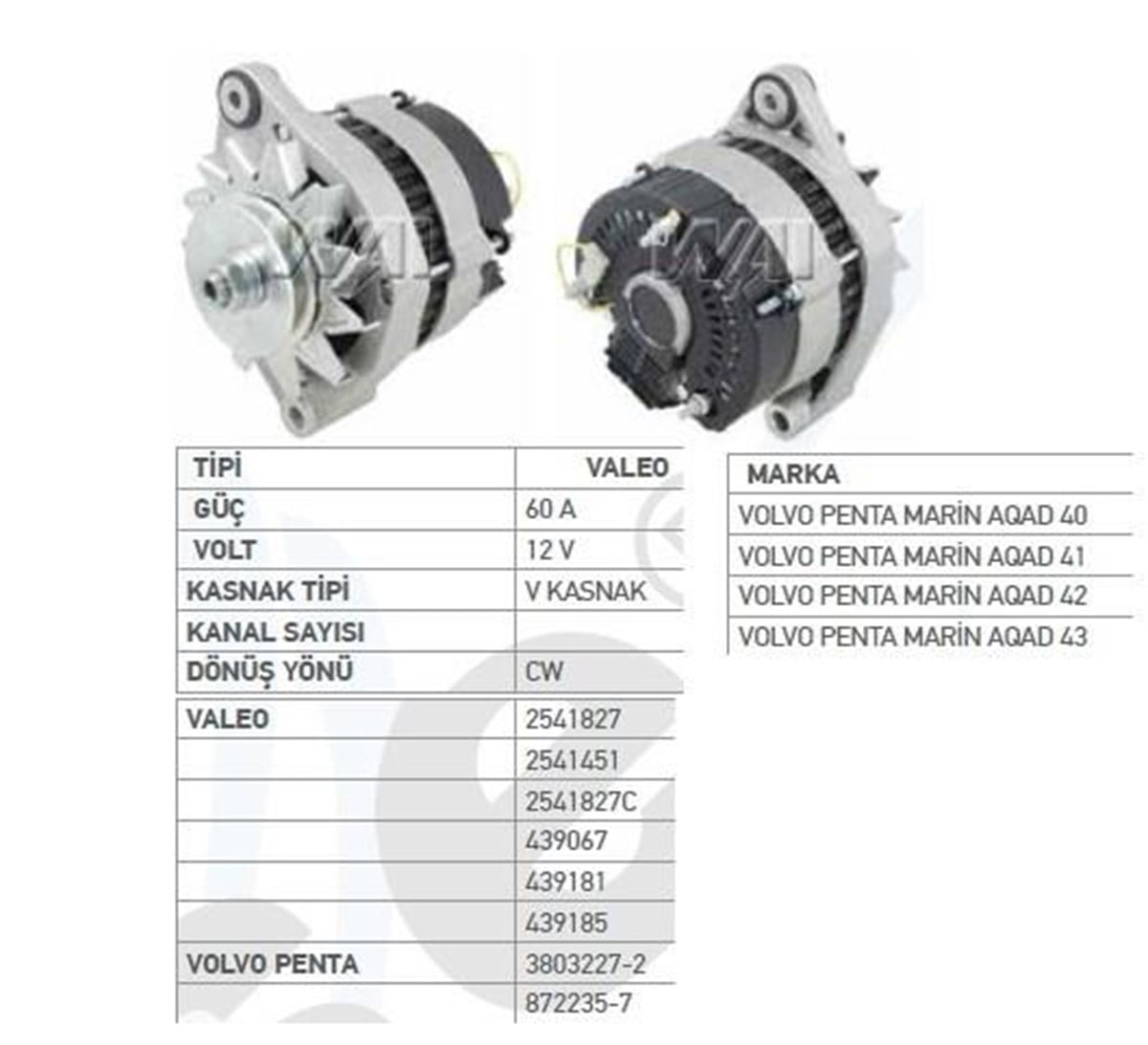 Alternatör 12v 60ah Volvo Penta Marin Aqad40 Volvo Penta Engine Md27 Md29 Md3 Md71 Serisi Aqad40 41 42 43 Lastikli Dinamo | Wutse Alt12411