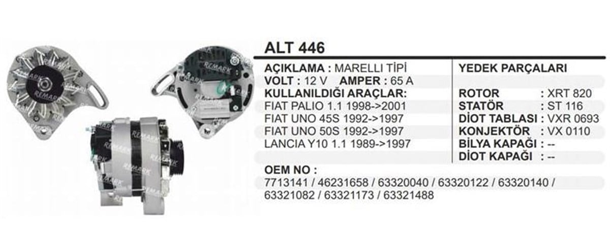 Alternatör 12v 65a Fıat Uno 45s 50s Tipo Palio 1.1 Lancıa | Martek Alt446