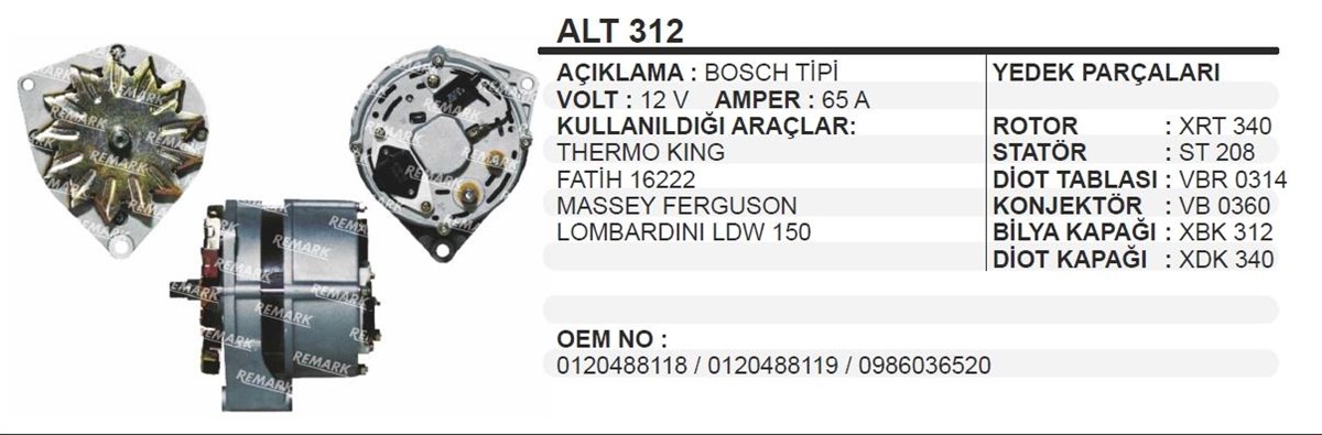 Alternatör 12v 65ah Fatih Kubato Termoking Opel Massey Ferguson-fatıh-opel 65a | Remark Alt312