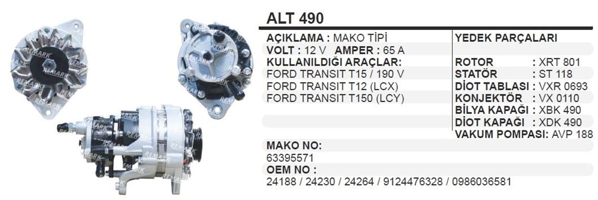 Alternatör 12v 65ah Vakumlu Makotip Ford Transit T12 190v T15 T150 Transit | Schenna Alt490