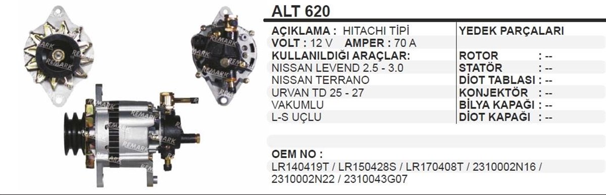 Alternatör 12v 70ah Bmc Levent Nissan 2.5 Tata 2fişli (küçük Vakum) Kare Soket | Martek Alt620