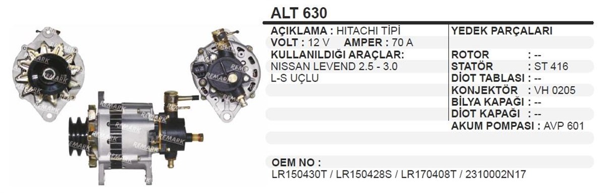 Alternatör 12v 70ah Hıtachı Bmc Levent 2.5 3.0 2fişli (büyük Vakum) Kare Soket | Ithal T630oem