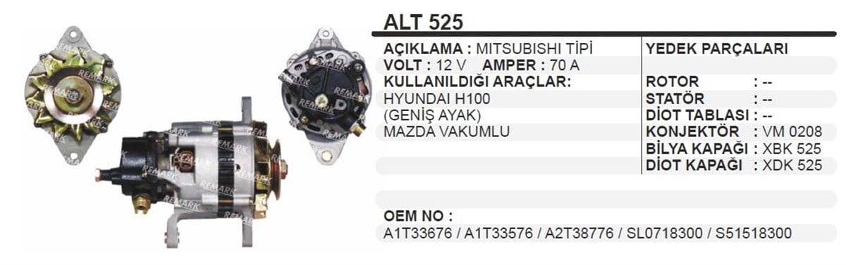 Alternatör 12v 70ah Kia Pregio Nissan H100 Geniş Ayak Pregıo Prımera Sunny | Ithal T525