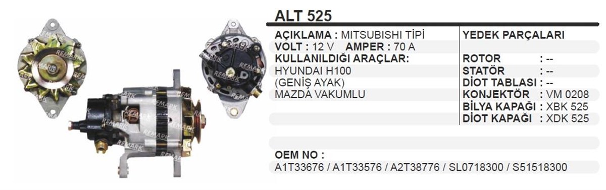 Alternatör 12v 70ah Kia Pregio Nissan H100 Geniş Ayak Pregıo Prımera Sunny | Ithal T525