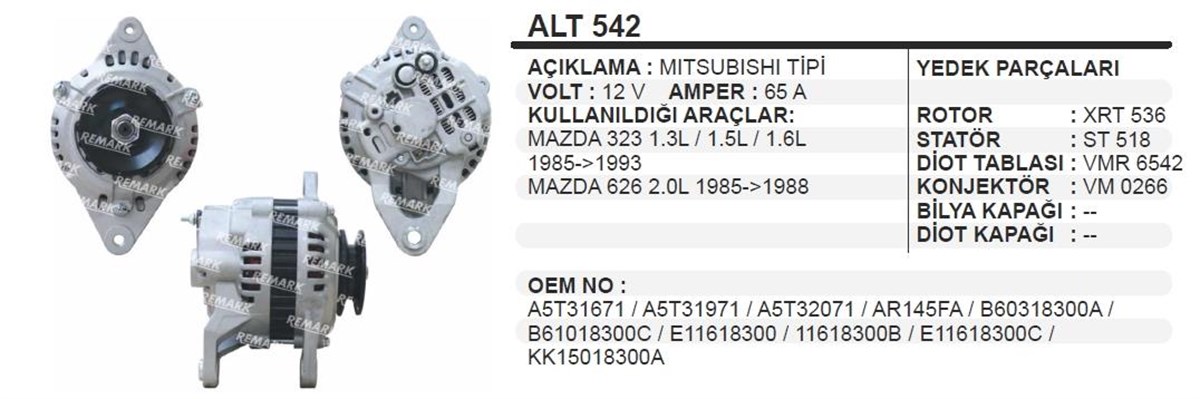 Alternatör 12v 70ah Mazda 323 626 Mıtsubıshı Tip 87 Alt542 | Aes Alt542